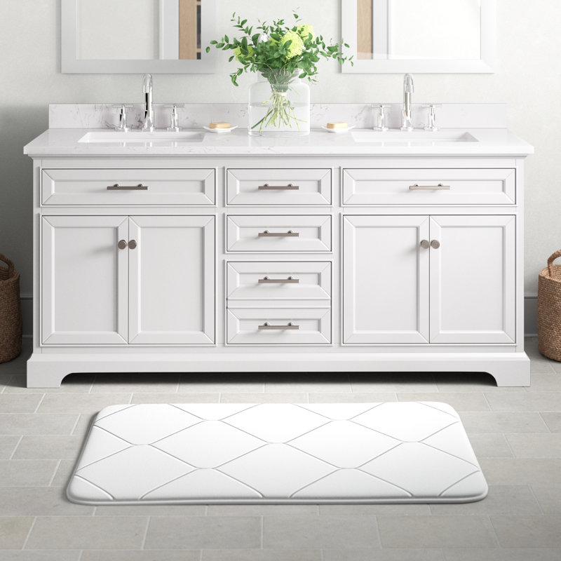 Meuble-lavabo double avec plateau en pierre artificielle Currahee, Blanc / nickel brossé