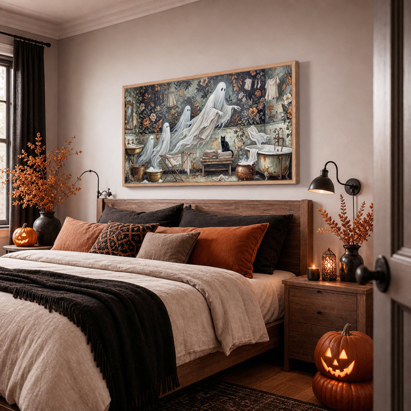 Trois fantômes blancs dans une salle de bain vintage - Toile murale d'Halloween