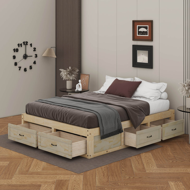 Lit plateforme avec 6 tiroirs, Naturel antique, Grand lit