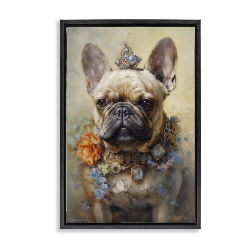 Bouledogue français avec cadre flottant à bijoux, conception de Wumples, H 25 po x l 17 po, Cadre flottant noir de jais