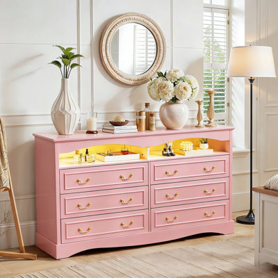 Modern 6 Drawer Dresser Chest, Wide Double Dresser With Light, Vintage Farmhouse Wood Closet Dresser Storage Organizer, French Country Chest of Drawers for Bedroom, TV Stand for Living Room