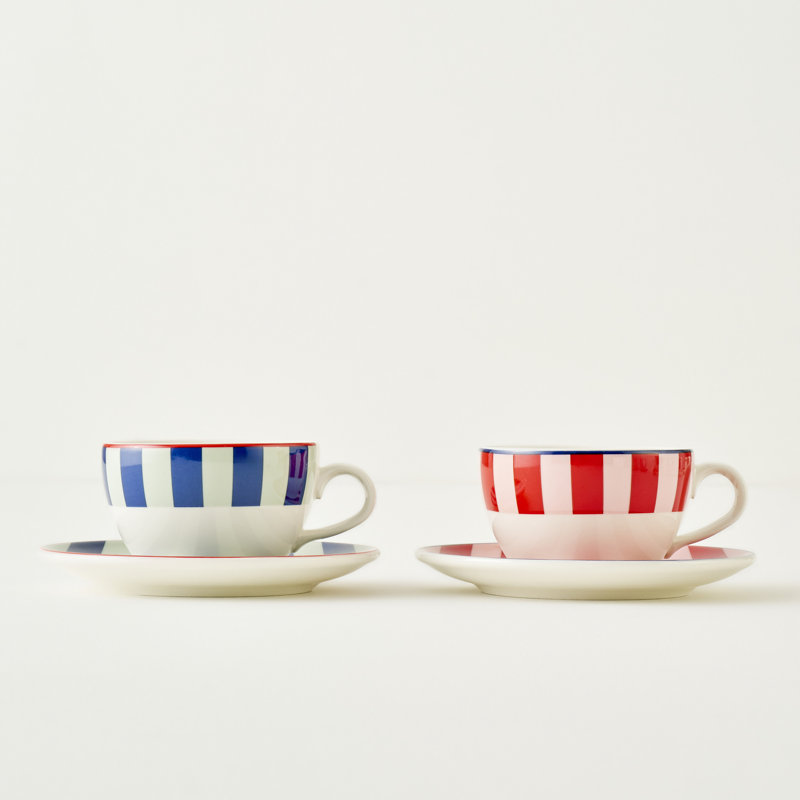 Ensemble de tasses à thé en porcelaine Line (2 pièces), Bleu / blanc / rouge