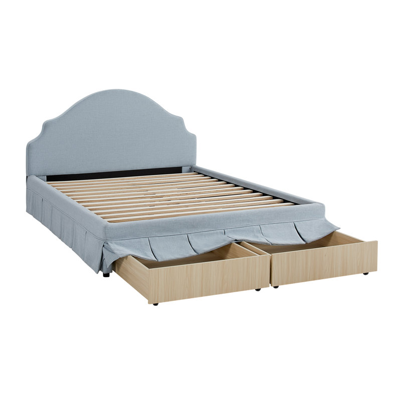 Lit coffre capitonné Caroline King avec rangement dissimulé dans la tête de lit et ports de chargement USB, tissu tissé, Bleu