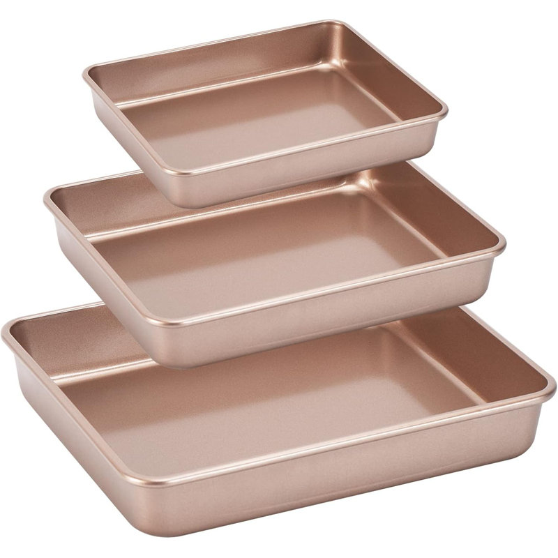3-Pack Roasting Pan Set, Nonstick Baking Tray Set, Rectangular Bakeware For Oven, Non-Toxic Coating And Durable Quality, Gold