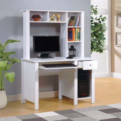 39"W Compact Student Home Office Desk with Hutch, White Wooden Knob with One Drawer & Keyboard Drawer