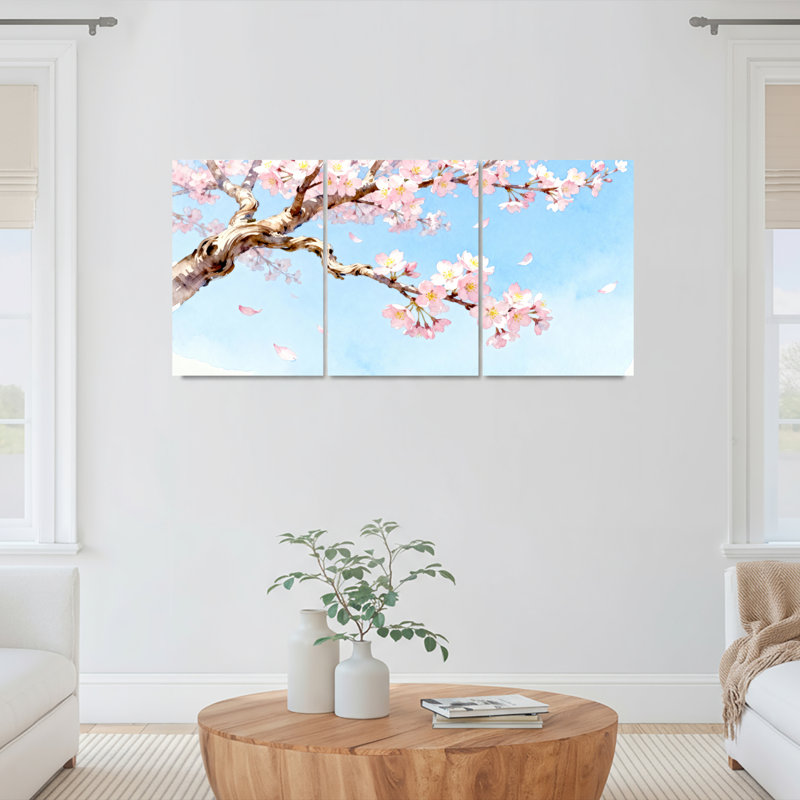 Ensemble de 3 tableaux aquarelles sur toile tendue représentant des branches de cerisier en fleurs, pour la décoration du salon et de la chambre.