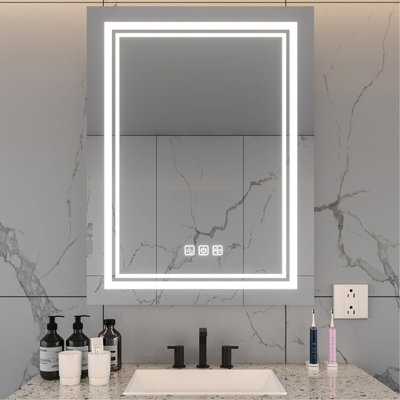Miroir de salle de bain mural 32 po x 24 po à DEL, désembuage 5 minutes, 3 couleurs à intensité variable, miroir réfléchissant à finition pleine grandeur avec lumières à intensité variable, réfléchissant, type