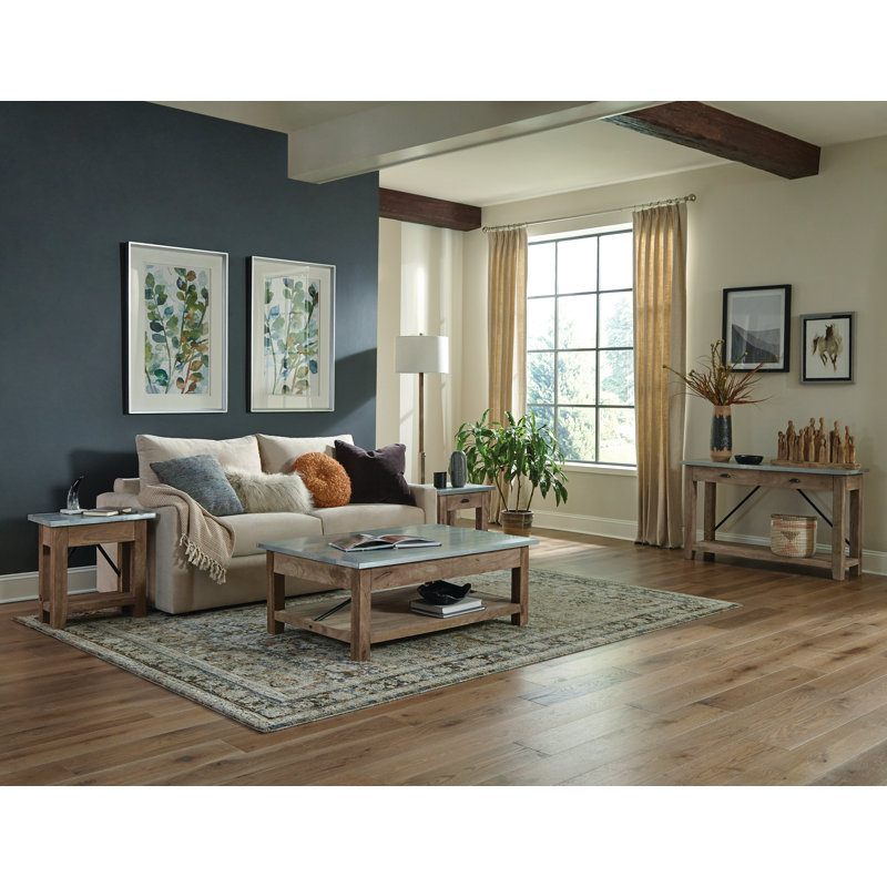 Industrial Rustic Wood and Zinc Metal Coffee Table with Shelf