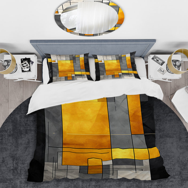 Ensemble de housse de couette à motif géométrique abstrait jaune et gris Fusion 2, Housse de couette pour très grand lit