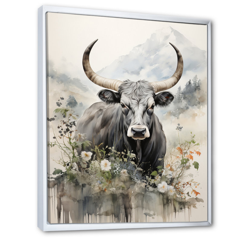 Bianaca, art asiatique, vache Sumi III, H 20 po x l 12 po x P 1 po, Cadre flottant blanc
