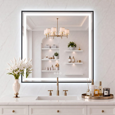 Miroir de salle de bain Adorna certifié UL à intensité variable avec éclairage tricolore, antibuée et cadre noir élégant