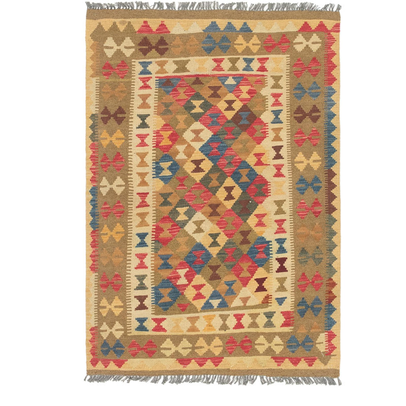 Tapis à main one-of-kind noué la olive/crème/rouge 3 pi 3 po x 4 pi zone de laine 9 po Lorain