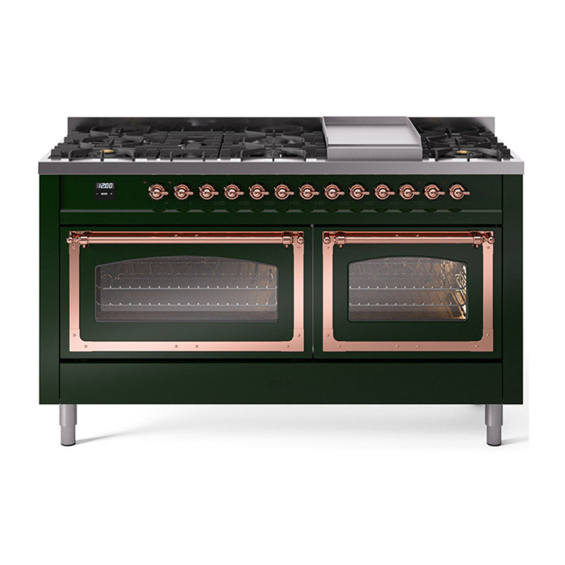 ILVE Nostalgie II Noblesse 60 po à deux brûleurs, 9 brûleurs, plaque chauffante, Propane liquide, Vert émeraude / cuivre