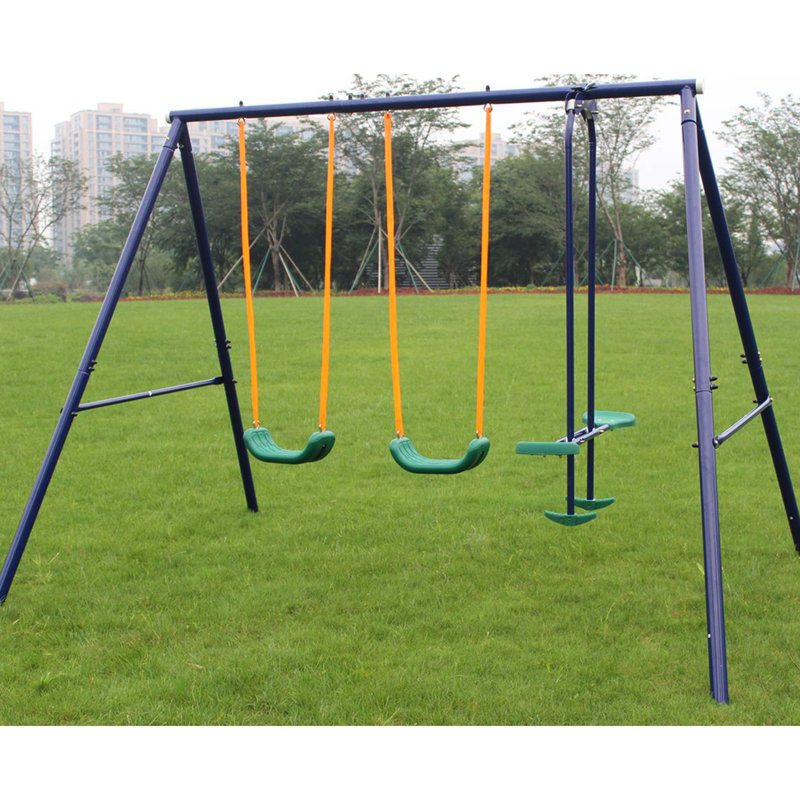 Balançoire d'extérieur avec balançoire pour 3 à 8 ans, structure en acier, assemblage rapide, assise confortable en forme de U, balançoire à l'épreuve des intempéries, 4 balançoires de style banc, bleu, structure en métal de 85,33 po de largeur, structure robuste en A