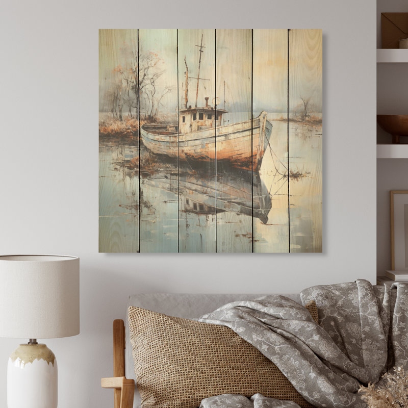 Bateau de charme en hiver I - Art mural en bois sur bois de pin naturel, H 25 po x l 25 po