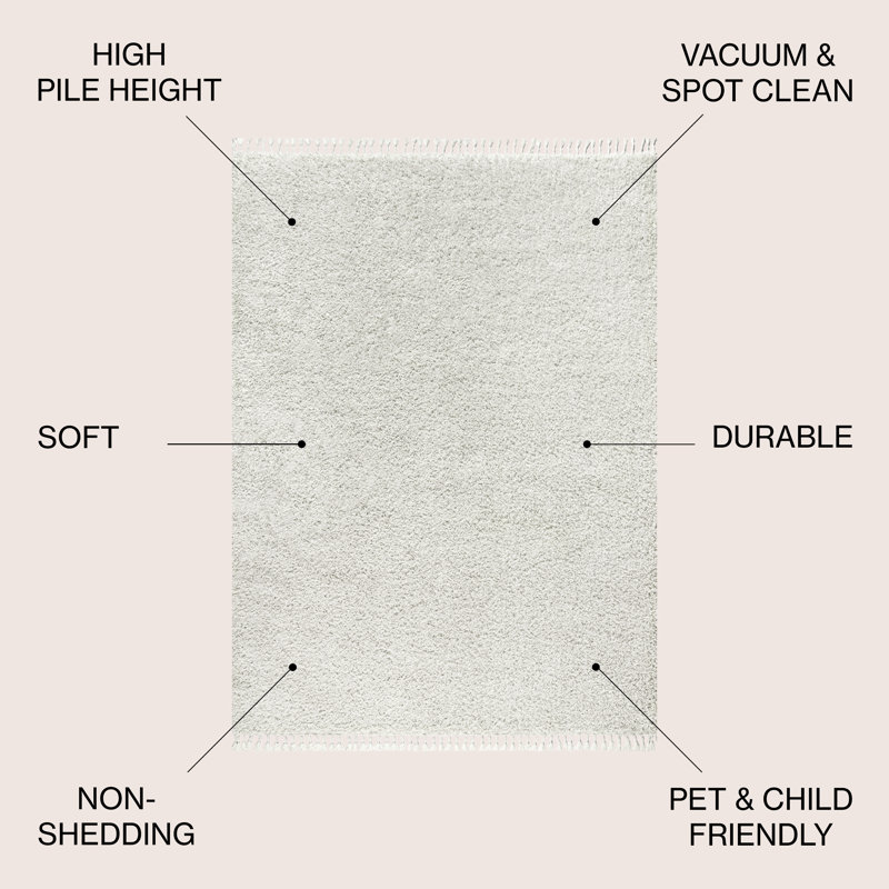 Tapis blanc à poil long et pampilles Felicdad, Rectangle 3 pi 1 po x 5 pi