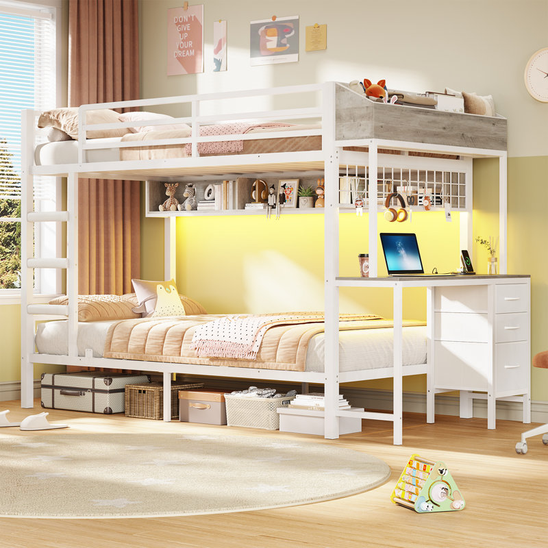 Lit superposé simple au-dessus de simple avec bureau et 3 tiroirs de rangement, lit mezzanine à DEL avec tablette de rangement et boîtes blanches