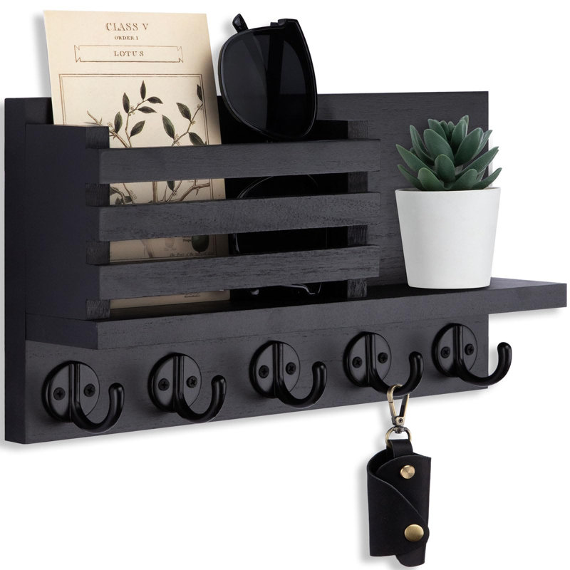 Decorative Wooden Mail Holder and Key Shelf with Mounting Hardware, Black