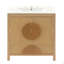Meuble-lavabo de salle de bain cannelé de 30 pouces avec lavabo - Armoire en bois moderne autoportante avec portes à fermeture en douceur, 1 tiroir et rangement ouvert, décoration circulaire décorative, bois massif et panneau de fibres à densité moyenne,