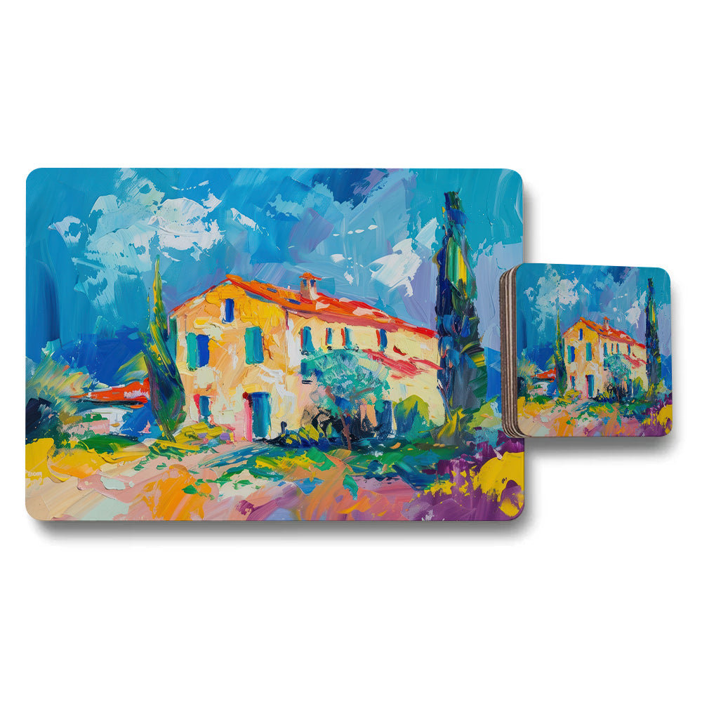 Vibrant Mediterranean Villa Landscape Placemat And Coaster Set
