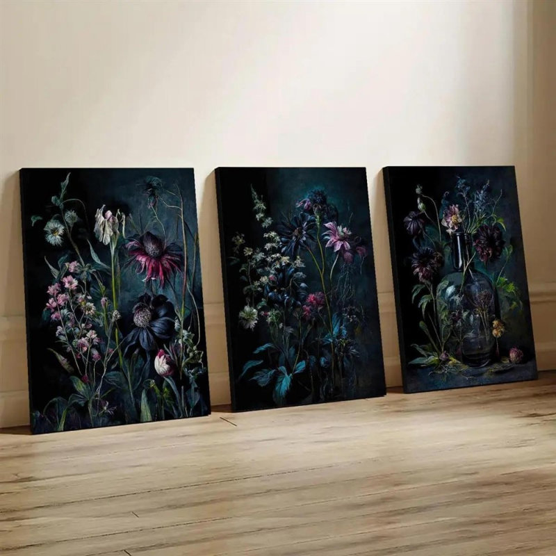 Impression sur toile 3 pièces Moody Gothic Floral - Dramatic Living Space, 12 x 8 pouces 3 pièces