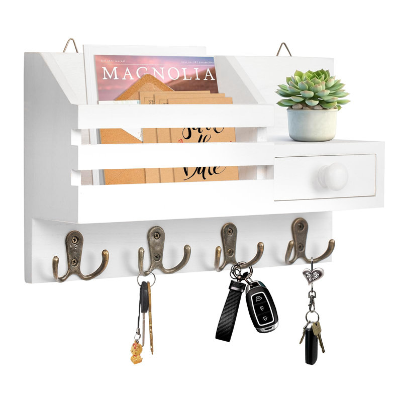 White Wooden Wall-Mounted Key and Mail Organizer with Drawer