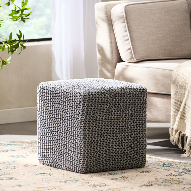 Tabouret de pieds tricoté à la main en fil de coton gris - taille 16,68 pouces, doux et invitant, fabriqué à la main, profond, large, grand