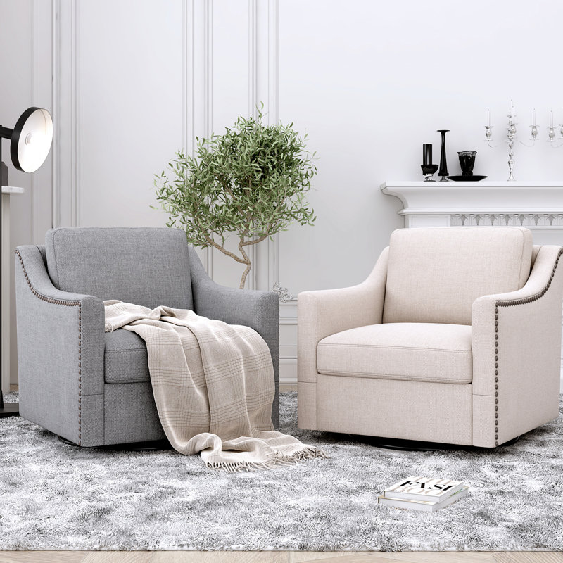 Fauteuil ergonomique pivotant à 360 degrés avec structure en fer et en lin de coton, chaise moderne à 360 ° douce pour la chambre à coucher