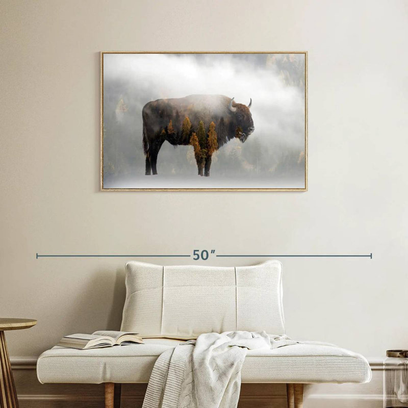 Bison de la forêt de pins, Cadre flottant en bois naturel, 37 po x 25 po