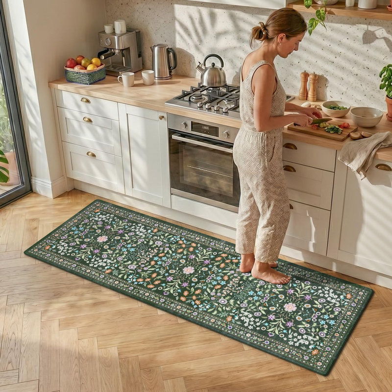 Tapis de cuisine floraux en PVC anti-fatigue (ensemble de 2), Vert