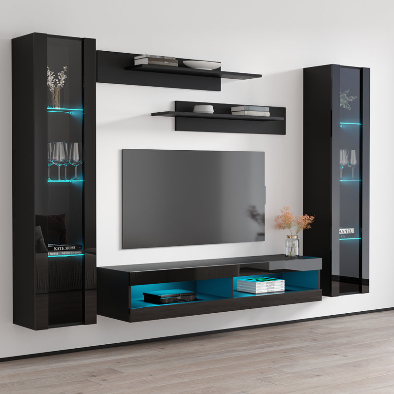 100" Modern Floating Wall Mounted Entertainment Center with 16-Color LED Lighting, High Gloss Finish, Black