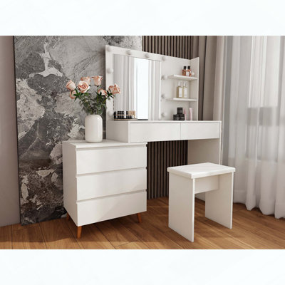 LED Lighted Makeup Vanity Table with Mirror, Storage Drawers, Matching Stool and Organizing Compartments