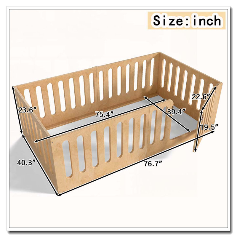 Lit sur pied avec clôture haute avec porte, profil bas et conception sans sommier, Lit simple, Naturel
