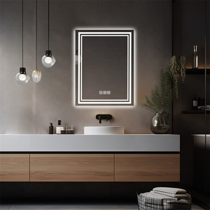 Miroir de salle de bain 36 po x 28 po à DEL, écran plat de 5 mm, intensité variable en continu 3 couleurs, 5 minutes, avant et rétroéclairé, Cri90 +, fonction de mémoire associée au miroir 36 po x 28 po, réflexion HD, réglable,