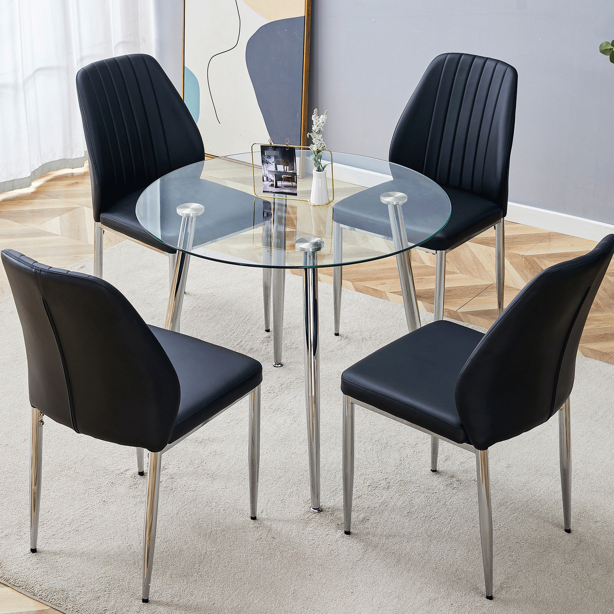 Ivy Bronx Modern Round Dining Table With Glass And Unique Silver Metal ...
