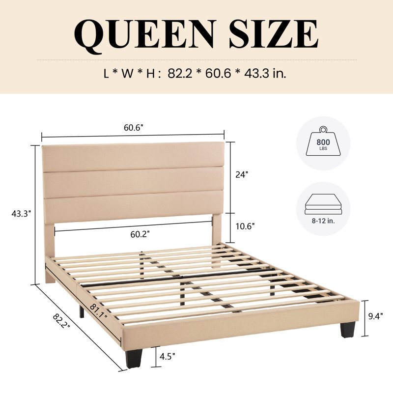 Elison Platform Bed with Fabric Upholstered Headboard and Wooden Slats