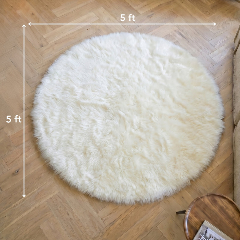 Round Colello Solid Color Handmade Sheepskin Area Rug in Natural, 5'