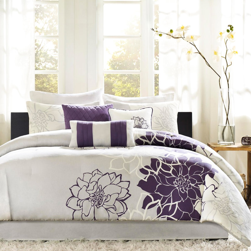 Literie King Size - Coton imprimé taupe/gris/violet, 3 coussins décoratifs, jupe de lit, couette, magnifique imprimé floral