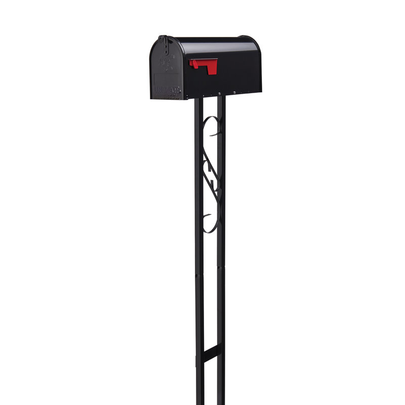 Black Steel Medium Mailbox with Decorative Scroll Post