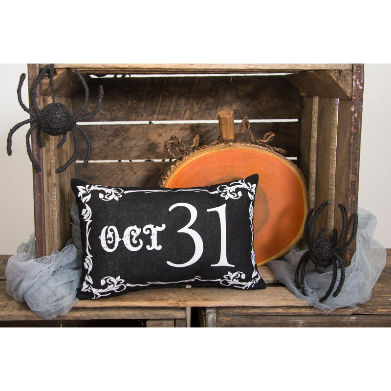 Gothic Themed Oct 31 Script Black Halloween Cotton Printed Petite Pillow