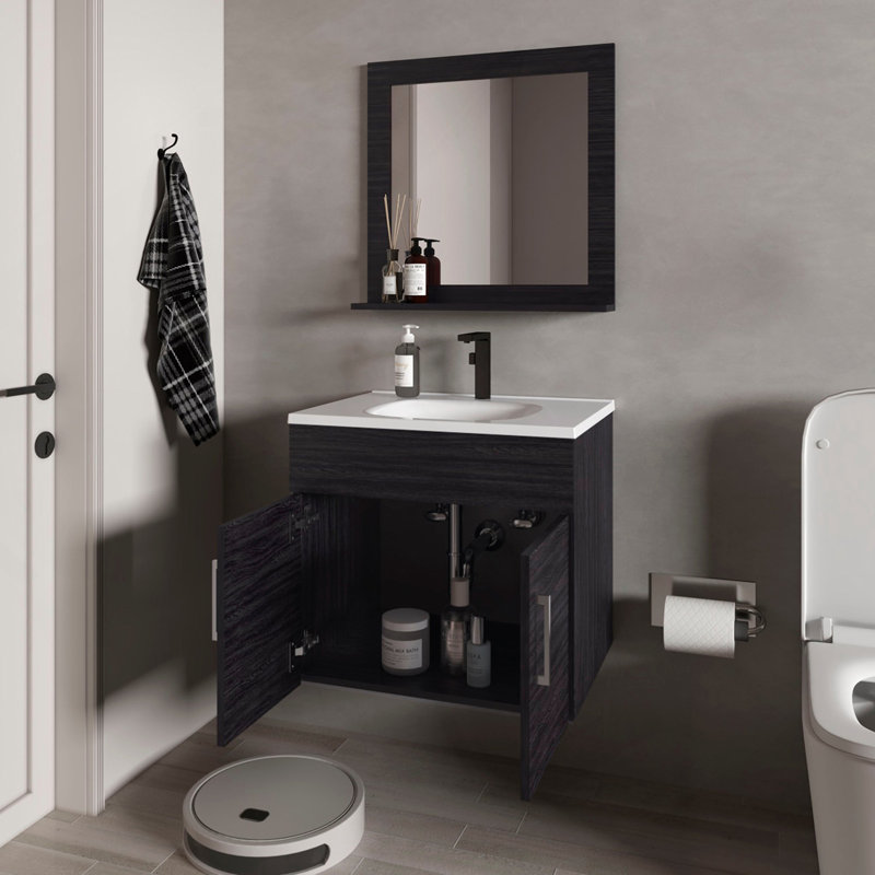 Ensemble de meuble-lavabo flottant 2 portes avec lavabo et miroir Wengue, Wengé