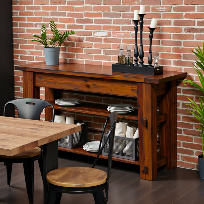 Nastya 54" Wide Industrial Rustic Solid Wood Metal Rectangular Console Media Table With 2 Shelves