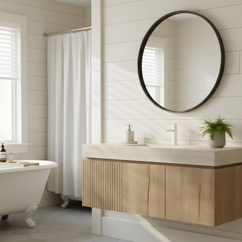 Meuble-lavabo mural 48 po avec lavabo, Gris clair, Travertin Roma