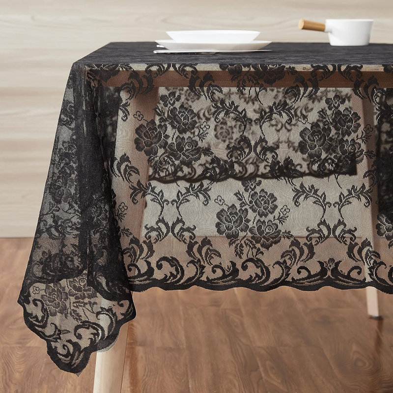 Daniyah Rectangle Floral Wedding Lace Tablecloth, Black, 120" x 60"