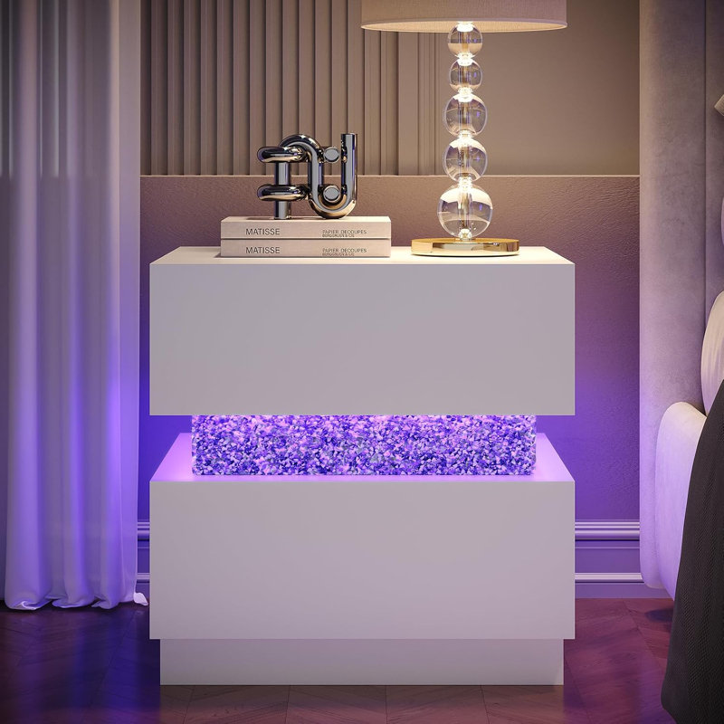 Table de chevet moderne à 2 tiroirs avec éclairage DEL RVB et panneau décoratif en cristal, Blanc, 1