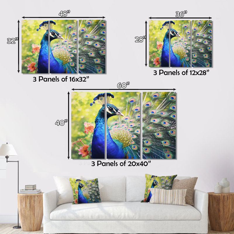 Paon vibrant I 3 pièces, H 32 po x l 48 po x P 1 po