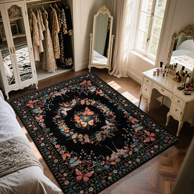 Tapis papillon 5 x 7 pour le salon, tapis à poils courts avec envers en caoutchouc, tapis noir performant pour la chambre à coucher, salle à manger, tapis moderne pour la décoration intérieure, tapis intérieurs et extérieurs lavables, idéal pour les endroits très passants