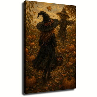 Jeune sorcière se promenant dans un champ de citrouilles à côté d'un épouvantail, peinture à l'huile d'automne vintage, toile murale d'Halloween