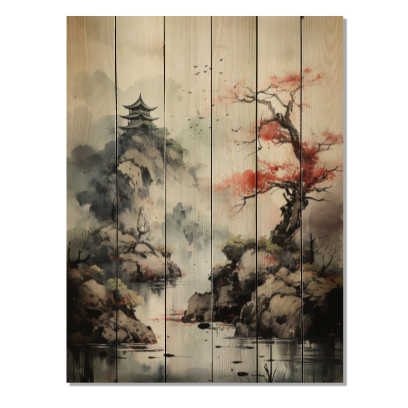 Art asiatique, paysage de Samouraïs I sur bois, H 40 po x l 30 po x P 0,78 po