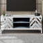 Meuble télé miroitant argenté, téléviseur de 65 po et plus avec 2 armoires de rangement et tablette ouverte, rangement moderne pour table de salon, accessoire contemporain